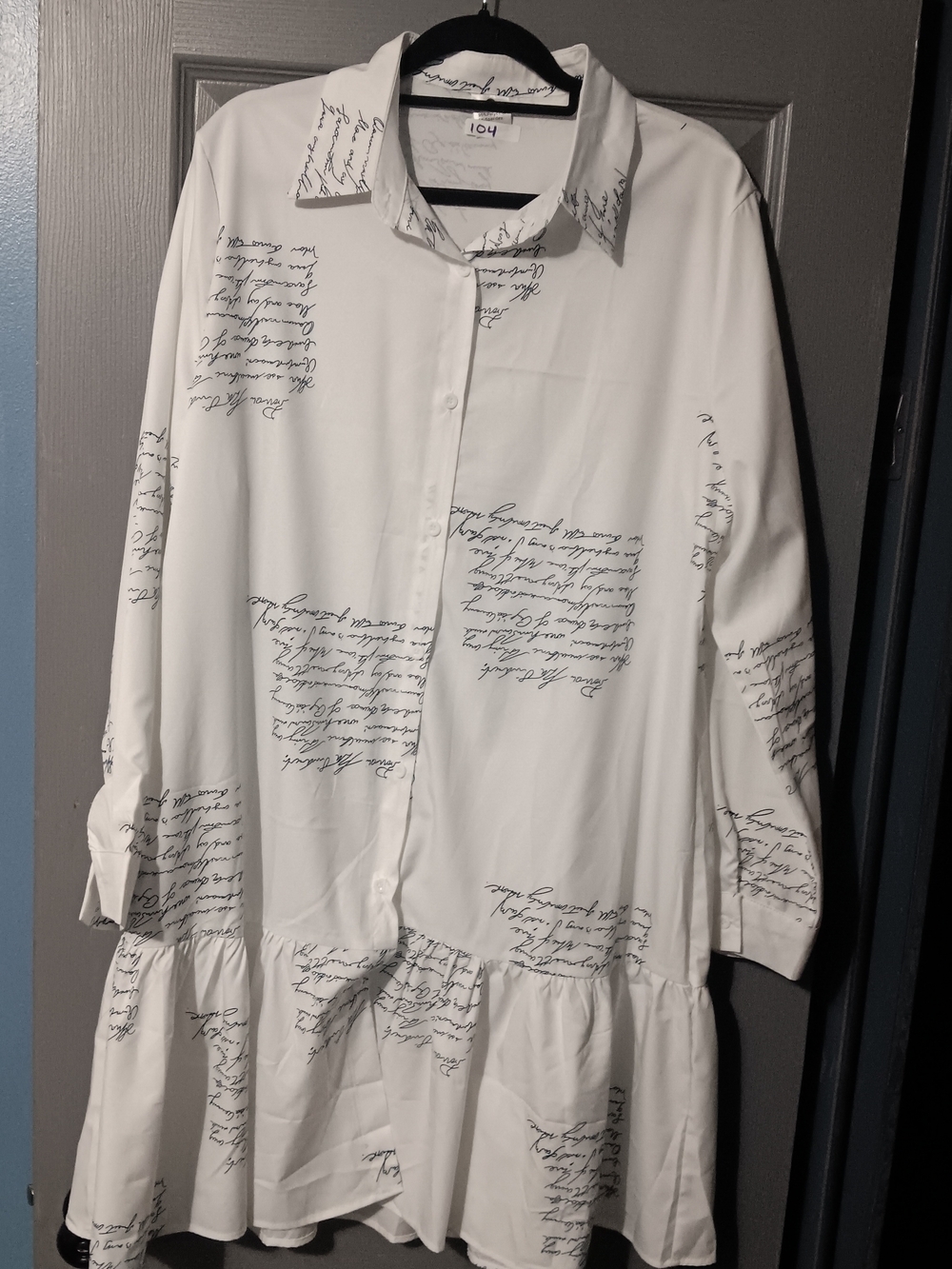 White Script Print Button-Down Tunic Dress - Picture 3 of 6